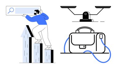 Elinde büyüteç simgesi, adalet terazisi, evrak çantası çizimi tutan bir adam. İş, finans, hukuk hizmetleri, kariyer büyümesi, başarı, arama optimizasyonu, analitik için ideal. Çizgi