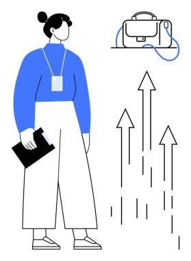 Businesswoman holding a clipboard, shoulder bag on table, and arrows pointing upwards. Ideal for business growth, success, career advancement, professional development, entrepreneurship, goal clipart