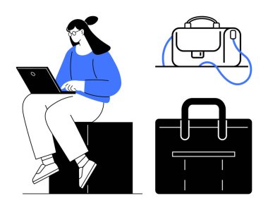 Dizüstü bilgisayarda çalışan genç bir kadın, mavi kazak giyiyor, siyah blokta oturuyor, birinin kayışı ve diğerinin kayışı olmadan iki çeşit evrak çantasının yanında. Uzaktan çalışma, serbest çalışma, iş seyahati için ideal