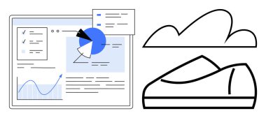 Veri analizi paneli, bir bulutun altındaki spor ayakkabısının yanında turta ve çizelge çizelgesi. Spor verileri, fitness uygulamaları, sağlık takibi, egzersiz planlaması, atletik eğitim ve bulut için ideal