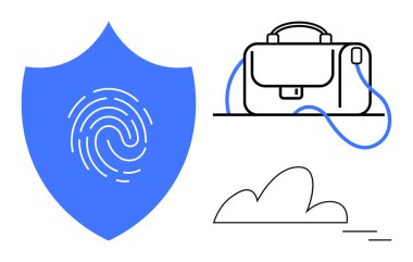 Parmak izi sembollü kalkan, bağlantı kablosu olan çanta ve bulut simgesi. Siber güvenlik, uzaktan çalışma, veri koruması, bilişim hizmetleri, bulut hesaplama, kimlik doğrulama, cep telefonu