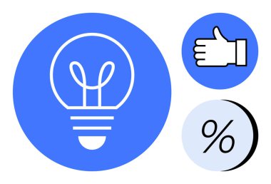 Ampul, baş parmaklar yukarı, ve mavi ve beyaz daireler halinde yüzde semboller. İş sunumları, fikir üretimi, onay süreçleri, pazarlama stratejileri, verimlilik iyileştirmesi için ideal