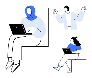 Biri dizüstü bilgisayarda yazan üç farklı karakter, diğeri enerjik bir şekilde el kol hareketi yapan ve üçüncüsü de elinde dizüstü bilgisayarla oturan. Takım çalışması, işbirliği, uzak çalışma, çeşitlilik ve beyin fırtınası için ideal