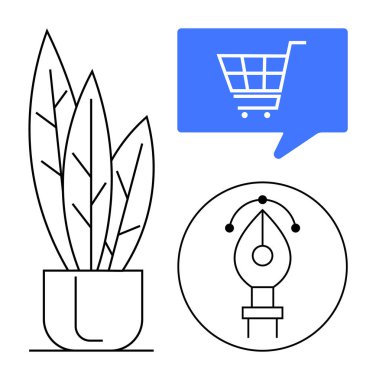 Üç büyük yapraklı gösterişli saksı bitkisi, mavi diyalog kutusunda e-ticaret alışveriş arabası, dairesel tasarımda kalem aleti sembolü. E-ticaret, dijital tasarım, web geliştirme, çevrimiçi için ideal