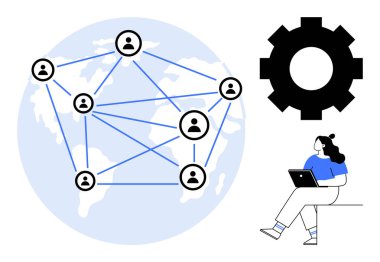 Birbirine bağlı kullanıcı simgeleri, büyük vites simgesi ve dizüstü bilgisayar kullanan mavi elbiseli bir kadın olan dünya haritası. Telekomünikasyon, küreselleşme, teknoloji, uzaktan çalışma, ağ yönetimi için ideal