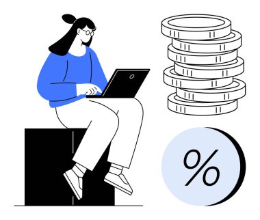 Kadın, dizüstü bilgisayarını bozuk para ve yüzde sembollerinin yanına oturtmuş. Finans, yatırım, tasarruf, bankacılık, e-öğrenme, ekonomik analiz, iş stratejisi için ideal. Satır metaforu