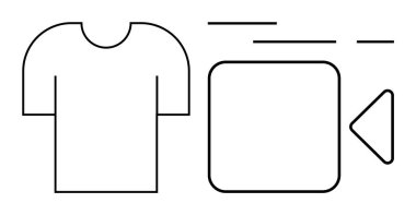 Bir video kamera ikonunun yanında hareketi temsil eden çizgileri olan siyah bir tişört. E-ticaret, moda, medya, markalaşma, içerik oluşturma, pazarlama ve sosyal medya için ideal. Pankart