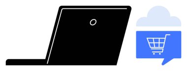 Bulutun altında bir alışveriş arabası ikonu olan mavi bir konuşma balonunun yanındaki dizüstü bilgisayarın yan görüntüsü. E-ticaret, çevrimiçi alışveriş, bulut depolama, dijital pazarlama, sanal mağazalar, İnternet için ideal