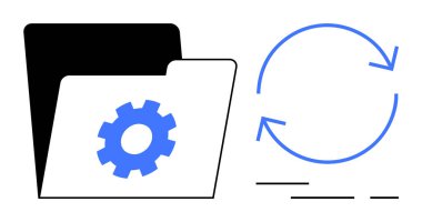 Dairesel tazeleme sembolünün yanında mavi dişli simgesi olan dizin. Veri senkronizasyonu, dosya yönetimi, yazılım güncellemeleri, verimlilik, bulut depolama, sistem bakımı, teknoloji hizmetleri için ideal
