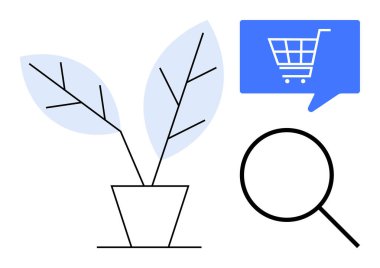 İki yapraklı saksı, mavi konuşma balonunda alışveriş arabası sembolü ve büyüteç. Çevrimiçi alışveriş, e-ticaret, arama işlevselliği, iş büyümesi, perakende pazarlama, dijital