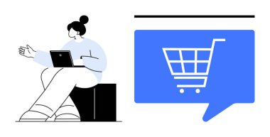 İnternetten alışveriş yapan büyük mavi bir alışveriş arabasının yanında oturan bir kadın dizüstü bilgisayar kullanıyor. E-ticaret, çevrimiçi perakende, teknoloji, iş, dijital pazarlama, uzaktan çalışma için ideal