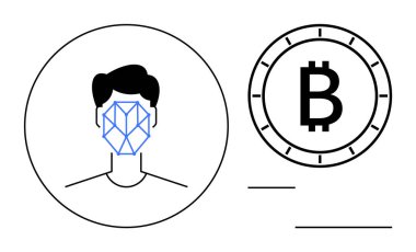 Bitcoin sembolünün yanında yüz tanıma deseni olan bir yüz. Fintech, kripto para güvenliği, dijital kimlik, engelleme zinciri, biyometri, gelecekteki teknoloji ve güvenli ödemeler için ideal. Satır metaforu