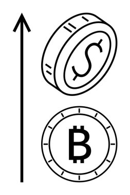 Dolar ve Bitcoin paralarının yanında yükselen ok finansal büyüme ve yatırımı temsil ediyor. Finans, yatırım, kripto para birimi, ekonomik eğilimler, piyasa analizi, mali büyüme için ideal