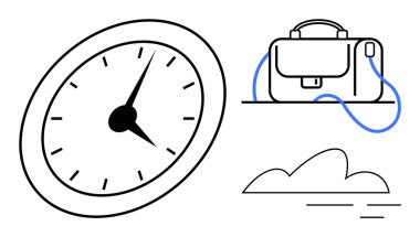 Saatli ve dakikalı saat, kayışlı çanta ve bulut çizimi. İş hayatı dengesi, dakiklik, iş seyahati, profesyonel temalar, zaman yönetimi, bulut hizmetleri, modern