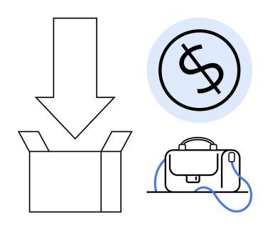Aşağı doğru ok, daire şeklinde dolar işareti ve kayışlı çanta. Lojistik, finans, ticari işlemler, e-ticaret, bankacılık, yatırım ve çevrimiçi alışveriş kavramları için ideal