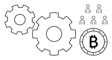 Takım çalışmasını ve işbirliğini sembolize eden dişliler, kriptoyu temsil eden Bitcoin madeni para, ortak bir çabayı işaret eden bir grup insan. Finans, teknoloji, takım çalışması ve iş stratejisi için ideal