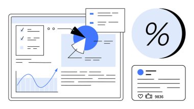 Analitik grafikler, pasta grafiği ve yüzde simgesi içeren veri paneli. Sosyal medya etkileşim ölçümlerini içerir. İş raporları, pazarlama analizleri, sosyal medya stratejileri ve veriler için ideal