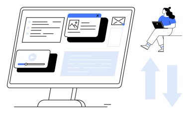 Büyük bir bilgisayar ekranının yanında dizüstü bilgisayarla oturan bir kadın multimedya pencerelerini, e-postayı, videoyu, mesajı gösteriyor. Uzak çalışma, dijital öğrenme, multimedya, çevrimiçi iletişim ve teknik destek için ideal