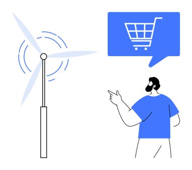 Rüzgar türbini ve alışveriş arabası ikonuyla mavi konuşma balonunu işaret eden kişi. E-ticaret, yenilenebilir enerji, çevre dostu girişimler, teknoloji entegrasyonu, çevrimiçi alışveriş eğilimleri için ideal