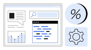 Sohbet baloncuğu, arama çubuğu, bar çizelgesi, kodlama penceresi, yüzde işareti ve vites simgesi ile iş analizi arayüzü. Veri analizi, pazarlama, SEO optimizasyonu, web tasarımı, iş için ideal