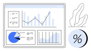 Analitik gösterge paneli pasta grafiği, çizgi grafiği, bar tablosu ve belge grafiği. Veri analizi, iş raporları, piyasa araştırması, mali değerlendirmeler, performans izleme, strateji için ideal