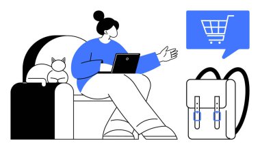 Kanepede dizüstü bilgisayarla oturan bir kadın online alışveriş yapıyor. Yanında dinlenen bir kedi, sırt çantası yerde, mavi alışveriş arabası ikonu e-ticareti gösteriyor. Ev ofisi ve online alışveriş için ideal.