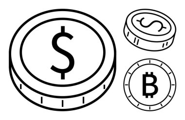 Dolar işareti ve bitcoin sembolü olan sikkeler. Finans, bankacılık, kripto para birimi, yatırım, ticaret, ekonomi ve tasarruf için ideal. Satır metaforu