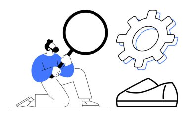 Elinde büyüteç tutan adam büyük vites simgesi ve ayakkabı gözlüyor, problem çözmeyi, teknolojiyi, yeniliği ve detaylı ilgiyi vurguluyor. Teknoloji geliştirme, üretim ve mühendislik için ideal.