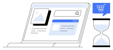 E- ticaret platformu dizüstü bilgisayarında arama çubuğu, ürün listeleri ve resim küçük resmini gösteriyor. Kum saati ve alışveriş arabası ikonu da dahil. Çevrimiçi alışveriş, dijital pazarlama ve web sitesi için ideal