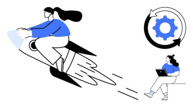 Roket süren bir kadın, dişli ikonu ilerlemeyi gösteriyor ve dizüstü bilgisayarda çalışan başka bir kadın. Ticari büyüme, yenilik, üretkenlik, teknoloji, girişim, otomasyon, uzaktan çalışma için idealdir. Çizgi