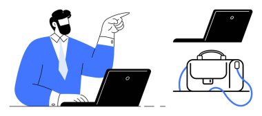 Mavi ceketli ve kravatlı profesyonel iş adamı dizüstü bilgisayarla çalışır. Ek dizüstü bilgisayar ve evrak çantası da sergilendi. İş stratejisi, ofis dinamikleri, verimlilik kavramları için ideal