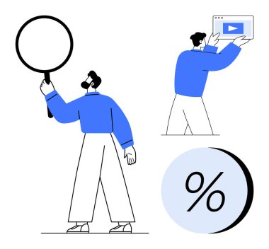Elinde büyüteç tutan adam, tablet ekranı oyun tuşuyla sunan kişi, yüzde sembolü. İş sunumları, pazarlama analitiği, veri analizi, eğitim materyali, çevrimiçi için ideal