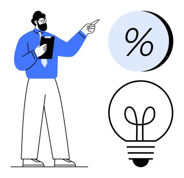 İş adamı elinde bir pano tutuyor, yüzde sembolü ve ampul simgesini işaret ediyor. Sunumlar için ideal, finansal analiz, iş stratejisi, veri görselleştirme, yenilik, eğitim, fikir