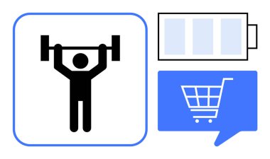 Dambılları kaldıran kişi. Akü sembolü seviyeleri ve alışveriş arabasının sohbet balonunda olduğunu gösteriyor. Fitness, enerji, e-ticaret, iletişim, motivasyon, sağlık ve teknoloji için ideal. Satır metaforu