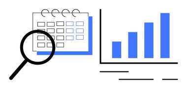 Magnifying glass focusing on a calendar beside a bar chart with four ascending blue bars. Ideal for business analysis, project planning, data review, time management, performance tracking clipart