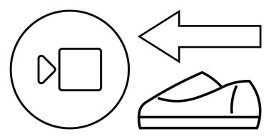 Çemberin içinde video oynatma düğmesi, sola bakan ok ve ayakkabı silueti. Teknoloji rehberleri, navigasyon, moda tasarımı, e-ticaret, öğretici içerik, minimal sanat ve kullanıcı arayüzü için ideal