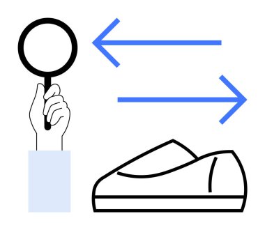 Elde büyüteç, ayakkabı ikonu, çift yönlü oklar. Arama, yön bulma, yön bulma, araştırma yönlendirmesi, karar verme keşfi için ideal. Satır metaforu