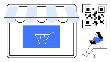 Mağaza vitrininde alışveriş arabası, QR kodu ve dizüstü bilgisayarı olan bir kadın. Çevrimiçi alışveriş, e-ticaret, dijital pazarlama, mobil ödemeler, perakende yönetimi, tüketici davranışı, teknoloji kullanımı için ideal. Çizgi