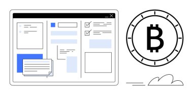Bir Bitcoin sembolünün yanında çeşitli kutular, işaretler ve sohbet baloncukları içeren bir düzen gösteren dijital arayüz. Fintech, kripto para birimi, engelleme zinciri, teknoloji blogları, dijital yatırımlar için ideal