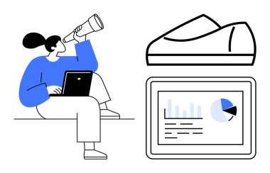 Teleskopla gözlem yapan iş kadını, tablet ekranda dizüstü bilgisayar, çizilmiş ayakkabı çizimi ve veri tablosu kullanıyor. İş stratejisi, piyasa araştırması, üretkenlik ve analitik için ideal