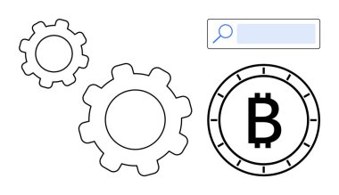 Bitcoin sembolü iki vites ve bir arama çubuğunun yanında. Finans, kripto para birimi, engelleme zinciri, fintech, dijital ekonomi, teknolojik çözümler, SEO için ideal. Satır metaforu
