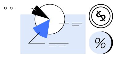 Mavi ve siyah kesitli soyut pasta grafiği, dolar işareti ve yüzde sembolü. Finans, yatırım analizi, iş raporları, kurumsal sunumlar, bütçe planlaması, ekonomik
