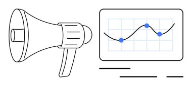 Veri noktalarıyla bir çizgi grafiğini gösteren bir ekranın yanında megafon. Pazarlama, iş stratejisi, analitik, iletişim, reklam kampanyaları, dijital pazarlama, sunumlar için idealdir. Pankart