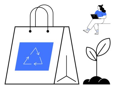 Mavi geri dönüşüm sembollü büyük bir alışveriş çantası dizüstü bilgisayar kullanan biri ve filizlenen bir bitki. Sürdürülebilirlik, çevre dostu ürünler, geri dönüşüm, çevre bilinci, çevrimiçi alışveriş için ideal