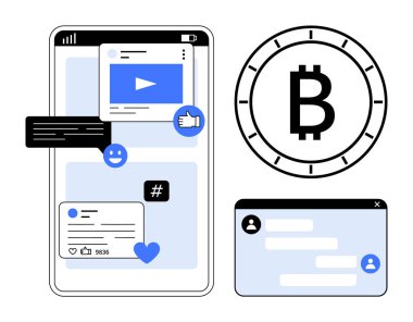 Sosyal medya bildirimlerini gösteren cep telefonu, video oyun simgesi ve etkileşim düğmeleri. Bitcoin sembolü ve sohbet penceresi. Teknoloji, finans, sosyal medya, iletişim, dijital pazarlama için ideal