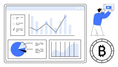 Data analysis dashboard displaying pie chart, line graph, and bar graphs. Man holding tablet with video icon. Bitcoin symbol. Ideal for finance, cryptocurrency, business analysis, digital marketing clipart