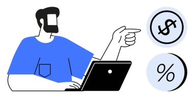 Sakallı bir adam dizüstü bilgisayarla çalışırken dolar ve yüzde işaretleri gösteriyor. Finans, yatırım, bütçe, iş, bankacılık, ekonomik analiz, dijital pazarlama temaları için idealdir. Satır metaforu