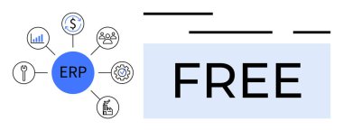 Merkezi ERP merkezi, analitik, finans, insan kaynakları, imalat, anahtar ve teçhizatı temsil eden altı ikona sahip. FREE vurgulandı. İş yönetimi, veri analizi, finans ve insan kaynakları için ideal