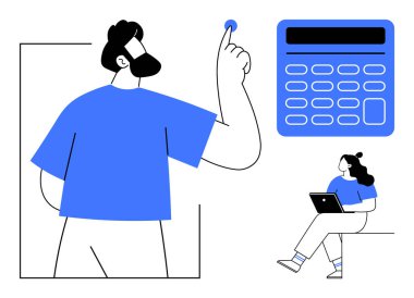 İşadamı yukarıyı gösteriyor ve kadın otururken dizüstü bilgisayar kullanıyor, büyük hesap makinesi simgesi. Takım çalışması, iş analizi, eğitim, planlama, veri sunumu, finansal hesaplama için ideal