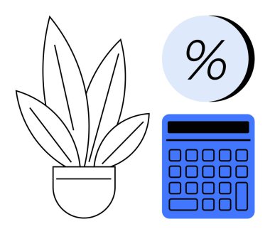 Mavi bir hesap makinesi ve yüzde sembolü yanında büyümeyi temsil eden saksı bitkisi. Finansal planlama, yatırım stratejileri, iş büyümesi, ofis dekorasyonu, eğitim, bütçe yönetimi için ideal